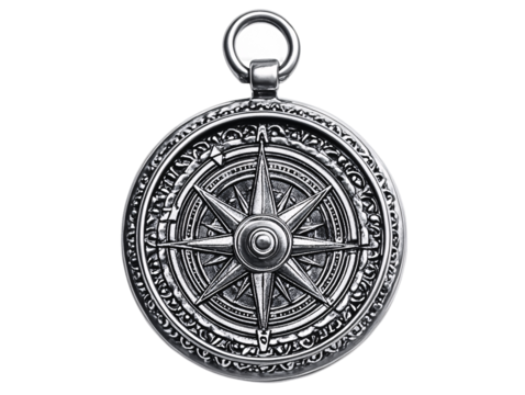 Isolated Vintage Silver Compass with Ornate Design