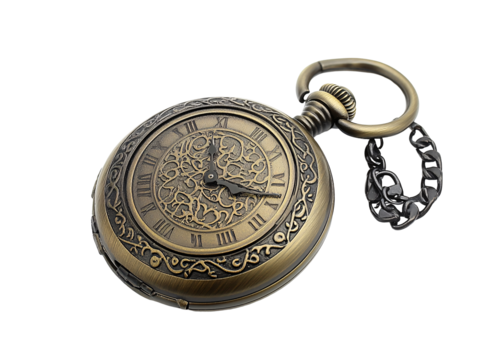 Isolated Bronze Pocket Watch with Roman Numerals and Chain