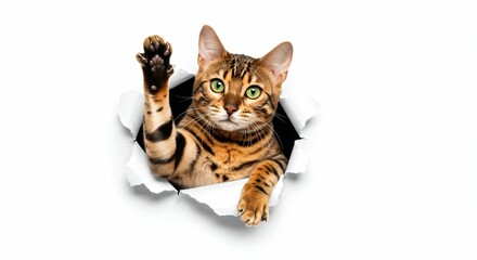 Fototapeta premium Bengal Cat Peeking Through Torn Paper - Playful and Exotic Feline Charm