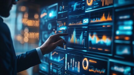 A professional analyzing digital data on a touchscreen display, showcasing graphs and statistics in a modern, tech-driven environment.