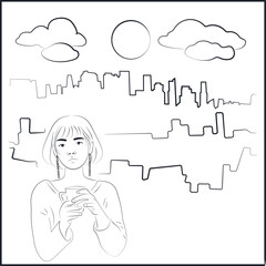 Big city. Asian Woman Drinking Coffee on White Background