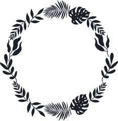Monstera and Palm Leaf Wreath Circle, Black and White Minimalist Frame