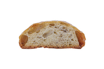 Slice of cross-cut light bread isolated on transparent white background in close-up with air bubbles of various shapes and sizes. Bottom is dark caramel with crust, top some sprinkled with flour