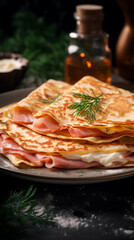 Golden-brown crepes delicately folded and layered with thin slices of ham and creamy cheese, topped with fresh sprigs of dill, served on a plate. Vertical, dark background.