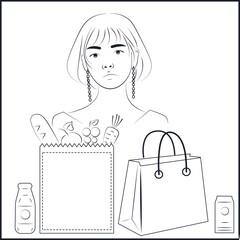 Line Art Asian Woman with Grocery Bags Containing Vegetables, Fruit, and Water Bottle