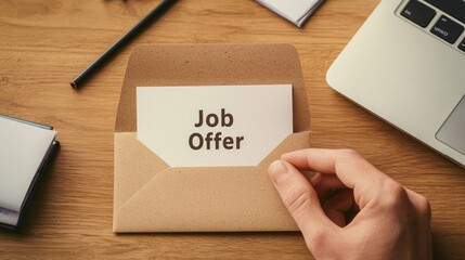 Anticipating Hope: Close-up of Hand Placing Job Offer Letter in Envelope Amid Office Supplies | Warm Tones Photo