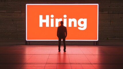 Fototapeta premium Contemplating Hope: Person Facing Uncertainty While Standing in front of Hiring Billboard in Urban Setting | Symbolic Layoff Unemployment Concept Image | Vibrant Colors