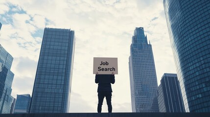 Determined Job Seeker in Layoff Unemployment Concept - Person Holding "Job Search" Sign outside Corporate Building with City Skyline Background in Dramatic Lighting Photograph