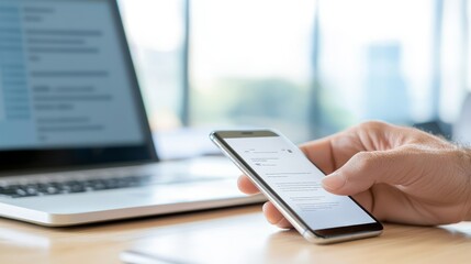 Coping with Job Rejection - Close-up of Phone Displaying Rejection Email with Disappointed Hand on Desk, Resilience Concept in Soft Focus Background Photo