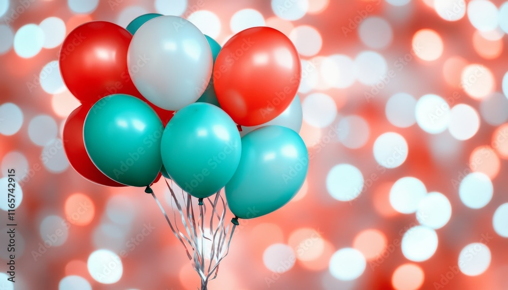 Wall mural Celebration Background, Bunch of Turquoise and Coral Balloons on a Blurred Bokeh Background