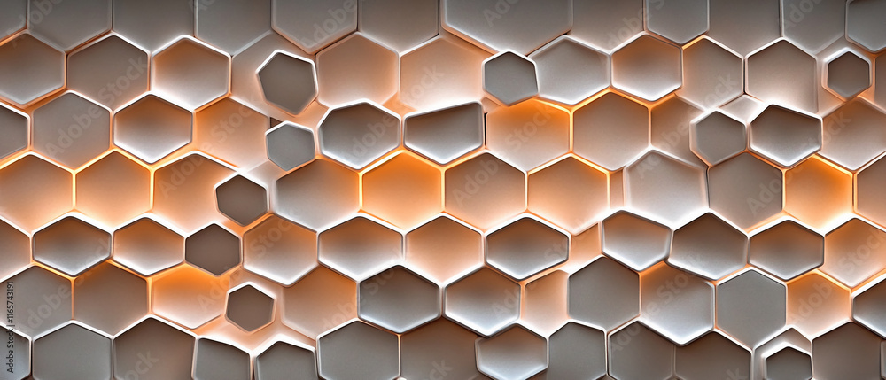 Poster Seamless 3D Hexagonal Pattern with Warm Light Effects and Depth Variations