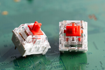 Keys for a mechanical keyboard on a green printed circuit board.