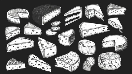 Hand Drawn Various Cheese Types Vector Set for Graphic Designs