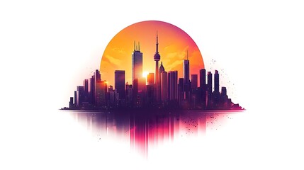 Obraz premium Sunset skyline view urban cityscape digital art vibrant atmosphere