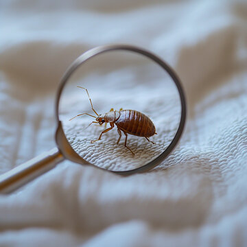A bed bug under magnifying glass on white cloth, close-up view of small insect in focus.