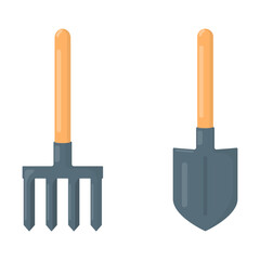 Gardening tools isolated on a white background. Small rake and a garden shovel, shovel with a short handle. Flat design. Colored icon, vector illustration. 