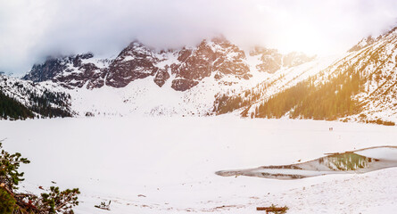 Frozen Lake Morskie Oko or Sea Eye Lake in Poland at Winter. Panoramic view © Roxana