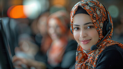 Obraz premium Smiling woman in hijab with headset in professional call center setting highlighting cultural diversity, teamwork, customer service, and global communication