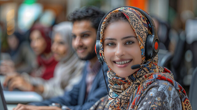 Smiling woman in hijab with headset in diverse office team representing collaboration, cultural diversity, global communication, and professional teamwork