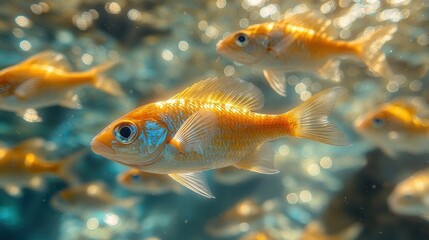 Naklejka premium [Closeup of small orangecolored fish swimming together underwater] Vibrant School of Orange Fish Swarming Near Coral Reef