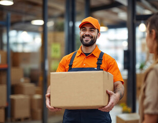 Smiling delivery worker hands over package in a busy warehouse setting during daylight hours