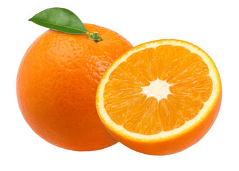 Orange fruit with leaves and half isolated, Orange fruit macro studio photo, transparent PNG, PNG format, cut out
