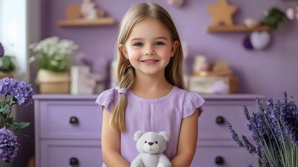 A young girl is holding a teddy bear and smiling