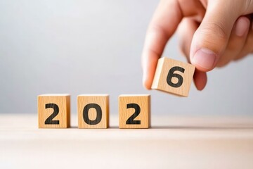 A hand placing a wooden block to change the year from to 2026, symbolizing the transition into a new year, growth and the anticipation of the future ahead.