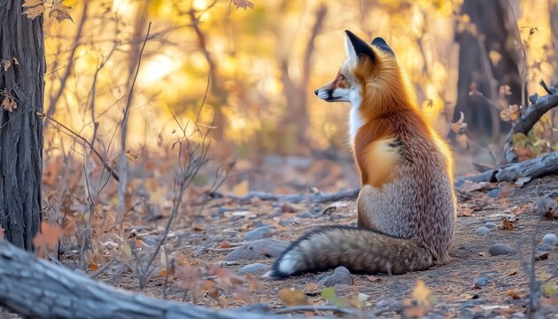 Un renard roux, adorable, assis dans la for&ecirc;t, vue de dos.