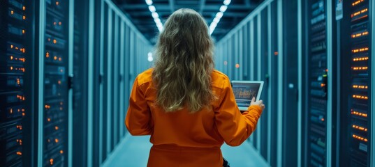 IT Technician Monitoring Servers in Data Center, Holding Laptop in Network Server Farm