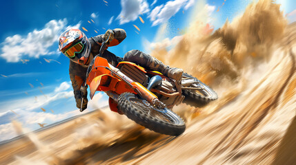 Extreme Motocross MX Rider riding on Sand track , desert on the background