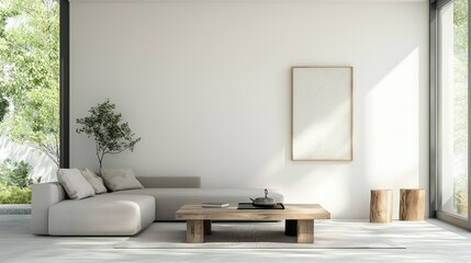 Fototapeta premium Serene Fusion: Contemporary Japanese Living Space with Minimalist Design Blending Tradition and Modernity