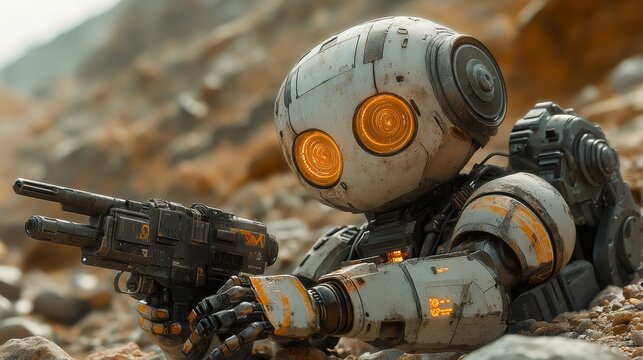 Small, weathered robot with glowing eyes holds a futuristic pistol while crouching in a rocky, desolate landscape. - Powered by Adobe