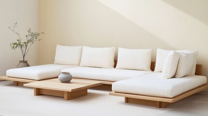 Serene Minimalist Japanese Living Room with Low-Profile Sectional Sofa and Light Wood Accents Adorned with Single Flower Vase