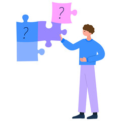 man solving problems and making decisions with puzzle pieces and question marks flat vector illustration