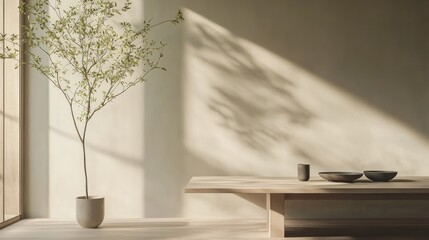 Serene Japanese Dining Room: Minimalist Interior with Low Table and Seasonal Decor, Perfect for Gatherings