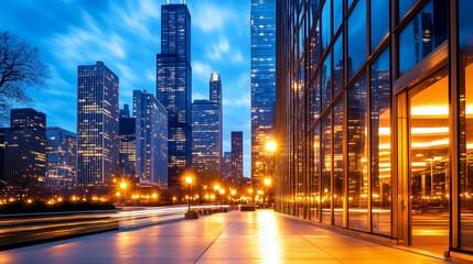 Fototapeta premium A dynamic cityscape showcasing a bustling urban street flanked by towering modern skyscrapers under a moody, overcast sky. The illuminated streetlights and busy sidewalks highlight