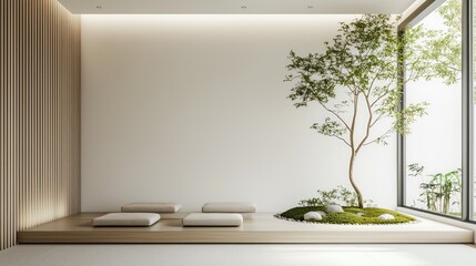 Fototapeta premium Serene Japanese-Inspired Meditation Corner with Minimalist Decor and Indoor Garden | Tranquil Zen Space for Relaxation and Peaceful Atmosphere