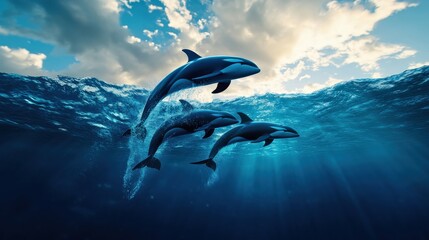 [Dolphins in underwater scene with contrasting sky above] Dolphins in Harmony Underwater Scene Meets Serene Sky