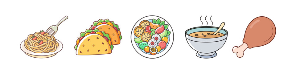 Cartoon Illustration of Global Meal Options - Hand-drawn illustrations of spaghetti, tacos, salad, soup, and a chicken drumstick arranged in a colorful and playful style.
