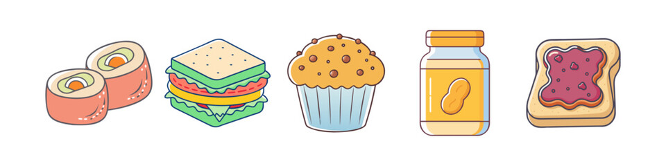 Cartoon Illustration of Snacks and Quick Meals - Hand-drawn illustrations of sushi rolls, sandwich, muffin, peanut butter jar, and jelly toast arranged in a colorful and playful style.