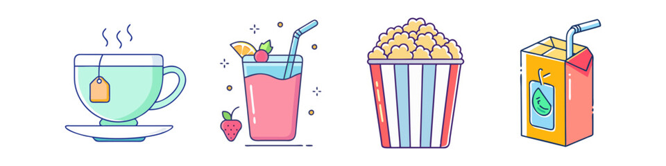 Cartoon Illustration of Drinks and Snacks - Hand-drawn illustrations of tea, smoothie, popcorn, and a juice box arranged in a colorful and playful design.