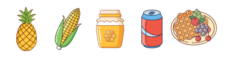 Cartoon Illustration of Food and Drinks Variety - Hand-drawn illustrations featuring pineapple, corn, honey jar, soda can, and waffles with fruits arranged in a colorful style.