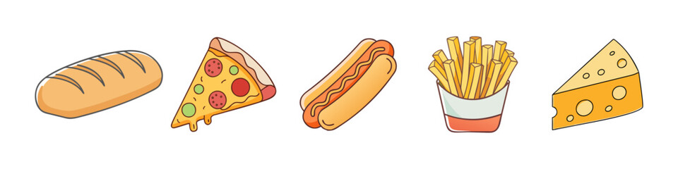 Cartoon Illustration of Popular Fast Foods - Hand-drawn illustrations of bread, pizza slice, hot dog, fries, and a cheese wedge arranged in a colorful and playful design.
