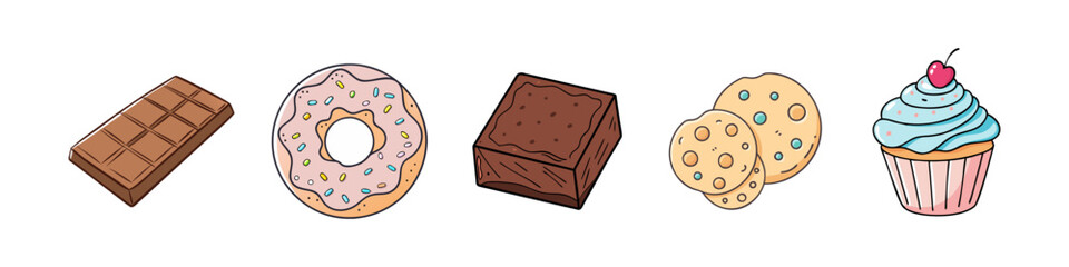 Cartoon Desserts Collection with Sweets and Pastries - Hand-drawn illustrations of a chocolate bar, donut, brownie, cookies, and cupcake with vibrant colors on a white background.