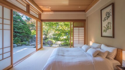 Tranquil Japanese Bedroom Minimalist Design with Shoji Doors Opening to Garden View