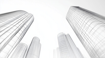 Fototapeta premium A minimalist architectural wireframe of a futuristic urban cityscape, showcasing tall skyscrapers and modern building designs, rendered in high detail.