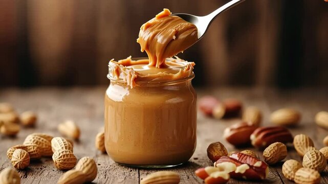 Spoon and glass jar with creamy peanut butter on kitchen table, closeup. Spoonful of peanut butter. Creamy Peanut butter and peanuts on the dark brown wooden table rustic background.