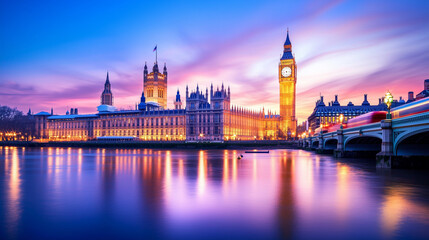 Naklejka premium A nostalgic view of London's Westminster Bridge during sunset, featuring the iconic Big Ben and classic red double-decker buses, with a warm golden glow illuminating the scene.