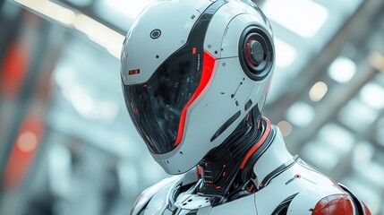 Close-up of a futuristic robot's head, showcasing sleek white and red design with glowing details.